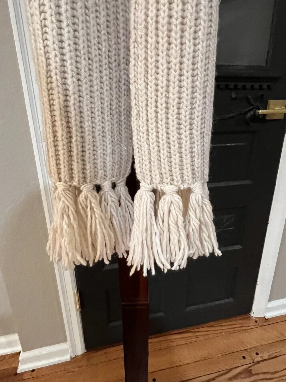 Lauren Ralph Lauren Cream Sparkle Knit Scarf Fringe 100% Wool